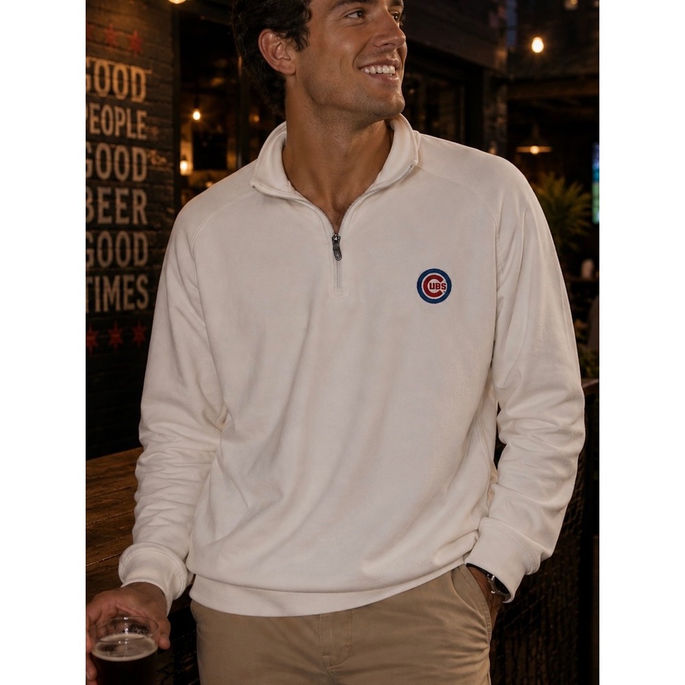 Cutter & Buck Mens Pullover White XL Chicago Cubs Pima Cotton Quarter Zip